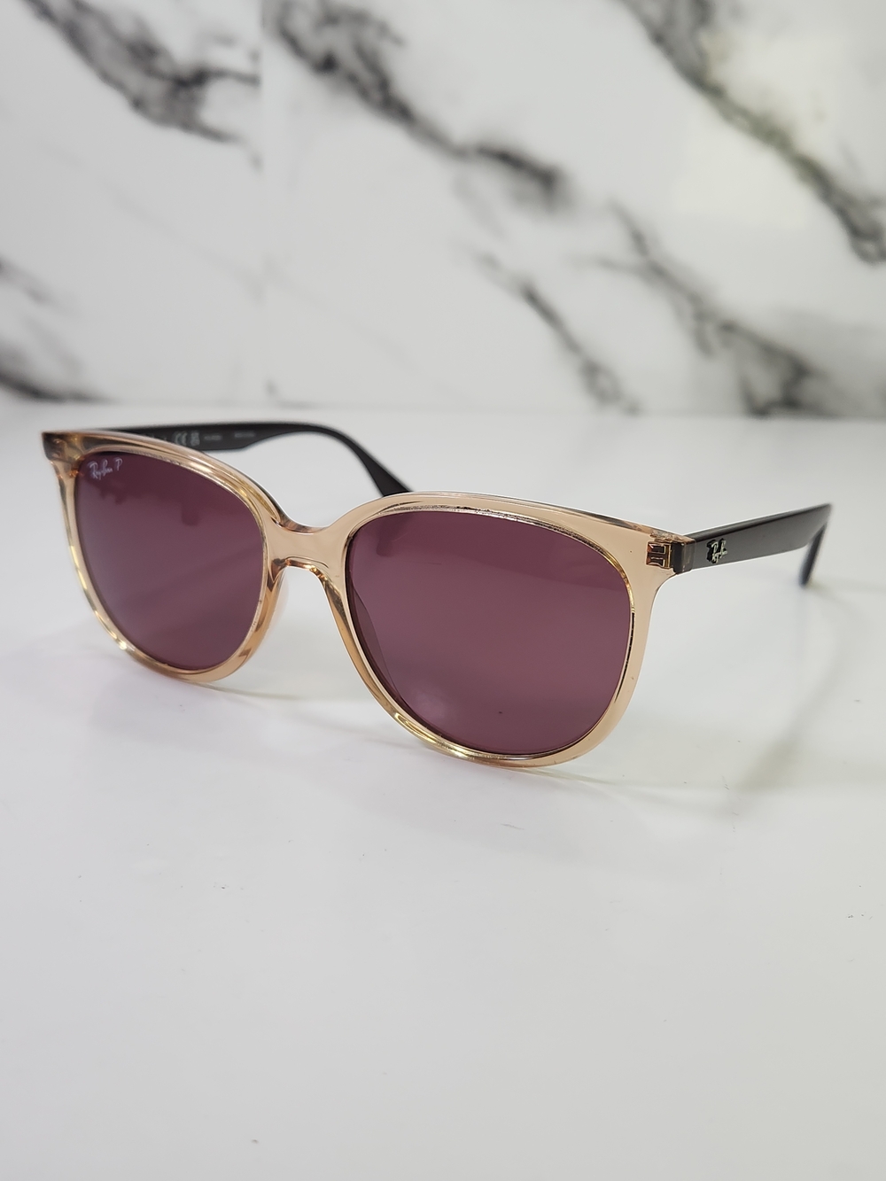 Ray-Ban Polarized Women’s RB4378 Translucent Frame Sunglasses with Plum Lenses